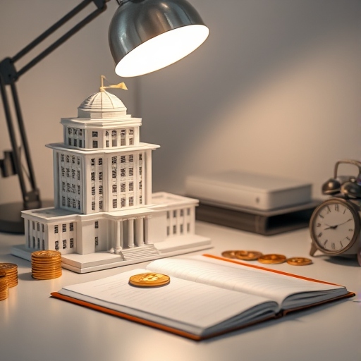 مكتب عليه اموال وذهب وماكيت عقاري وكشاف كهربائي يضئ فوقهم 