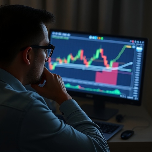 شخص يفكر امام جهاز كمبيوتر عليه شارت تداول 