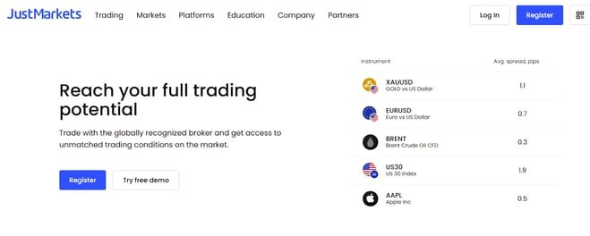 موقع الويب الخاص بـ JustMarkets