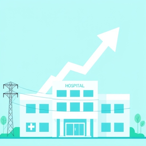 مستشفى وشبكة كهرباء وفي الخلفيه مؤشر سهم يرتفع