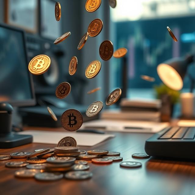 عملات رقمية تتساقط على مكتب 