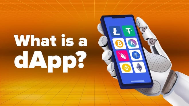 روبوت يمسك موبايل مكتوب عليه ماهي dapps