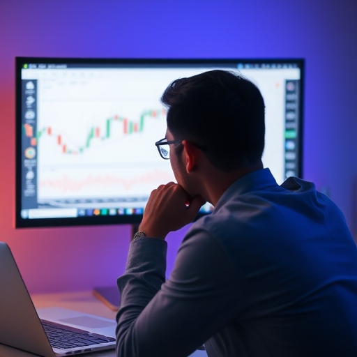 شخص يتابع شارت تحليل فني امام الكمبيوتر