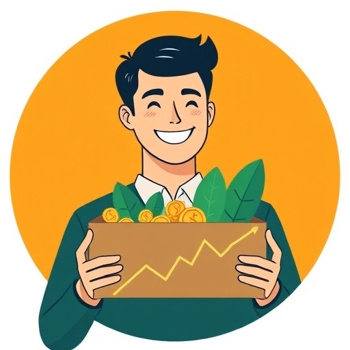 شاب يبتسم و يحمل صندوق به دهب واسهم واموال 