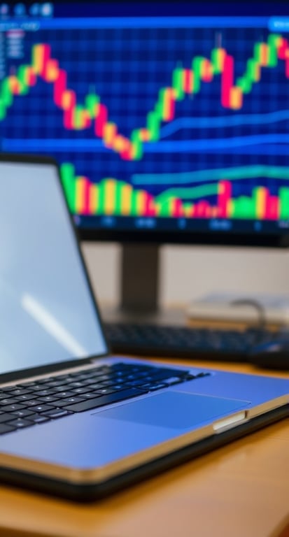 لاب توب وفي الخلفية شارت على شاشة تداول
