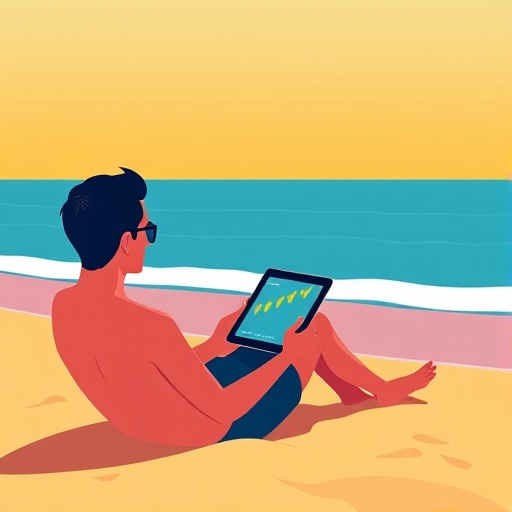 شخص يتابع شارت تداول على الشاطئ في استرخاء 