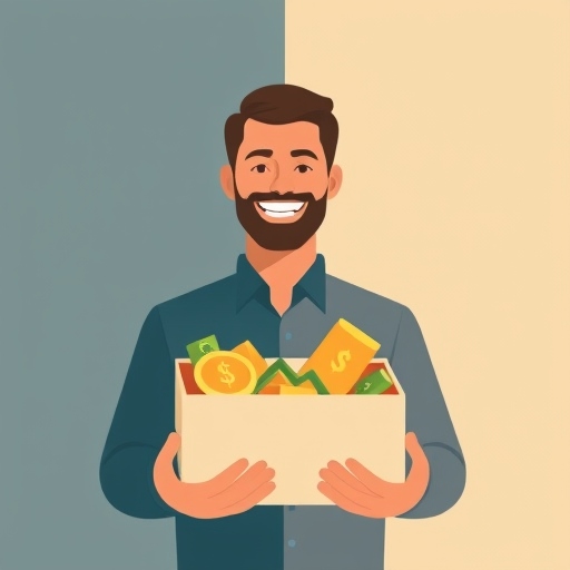 رجل يبتسم في سعادة ومعه صندوق به اموال كثيرة ومؤشرات اسهم خضراء 