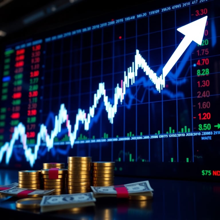 اموال كثيرة على منضدة وخلفية مؤشر اسهم يرتفع لاعلى