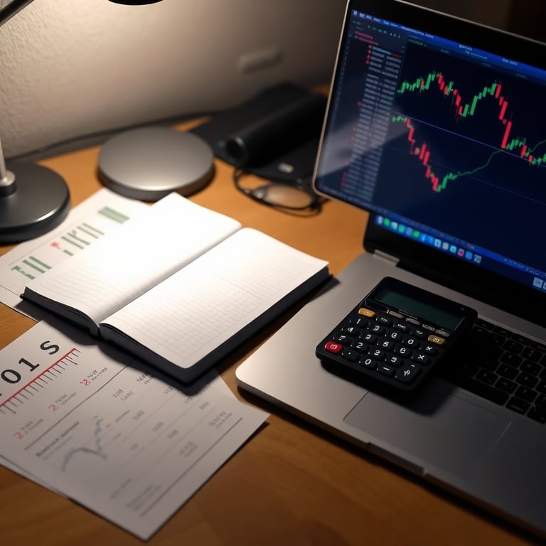 لاب توب واله حاسبه ومجموعة اوراق عليها مؤشرات فنية 