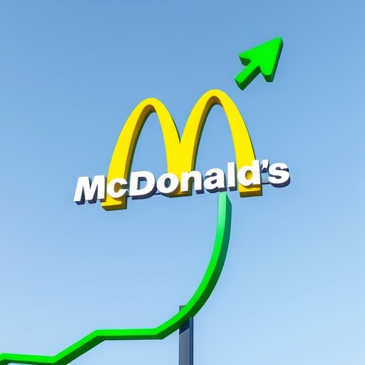 شعار ماكدونالد معلق في مؤشر سهم يرتفع الى اعلى 