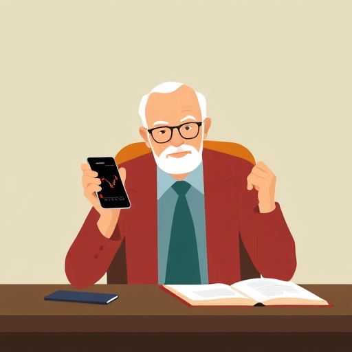 رجل كبير في السن يمسك بموبايل وعليه شارت تداول 