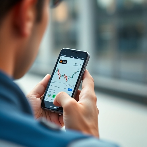 شخص يتابع شارت تحليل فني على هاتف جوال 